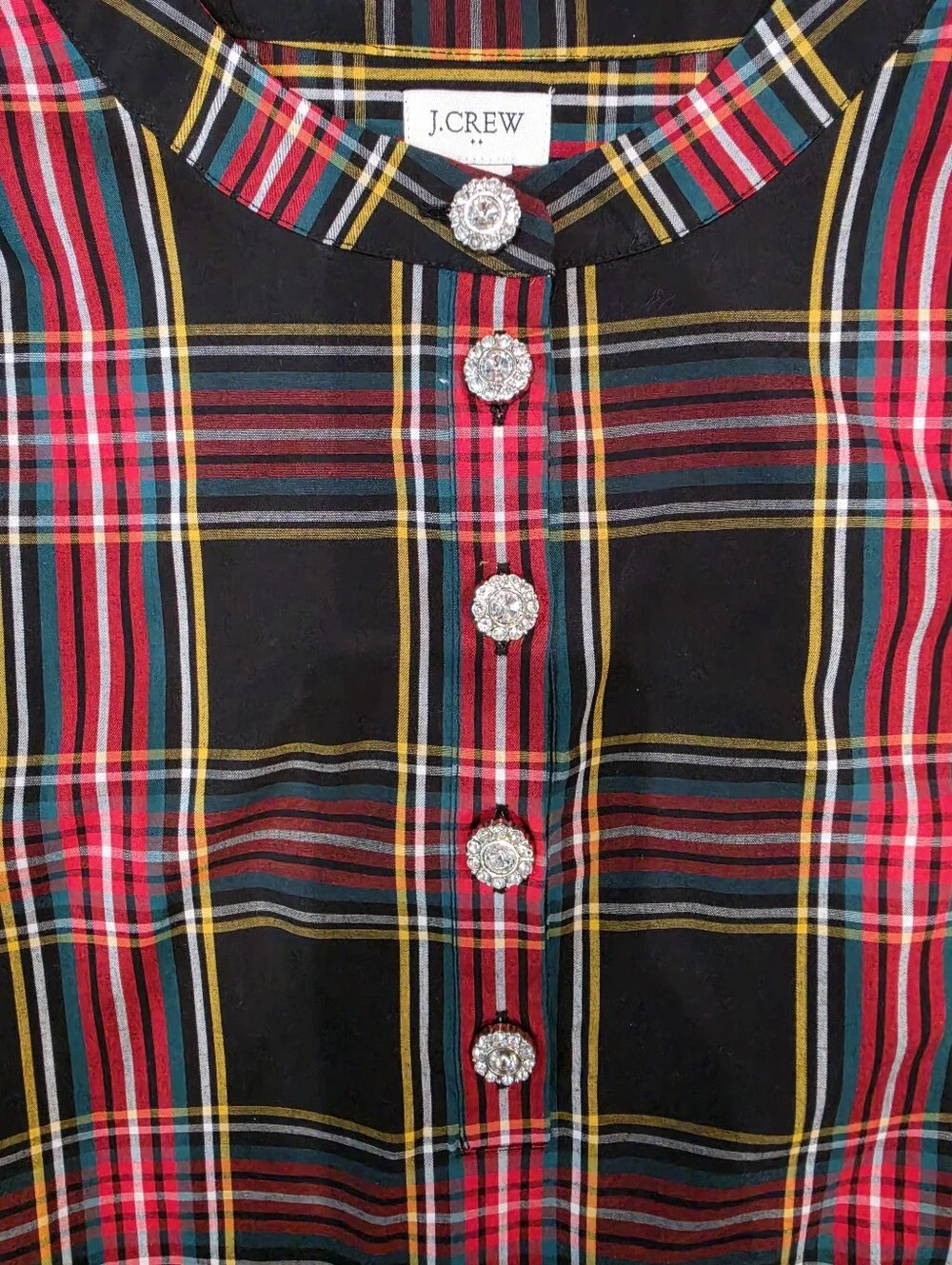 J.Crew Plaid Jeweled Button Popover Blouse Petite Small SP